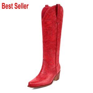 Women's Knee High Cowboy Boots Chunky Heel Wide Calf Side Zipper